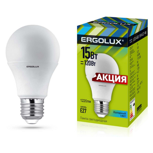 Лампа Ergolux LED ЛОН 15Вт Е27 4500К колба А60 (1/10/100шт) ПРОМО