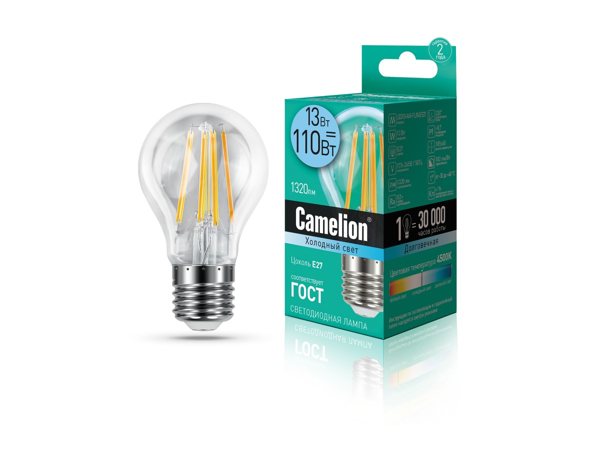 Лампа Camelion LED 13Вт Е27 4500К колба А60-FL филамент (1/10/100шт)