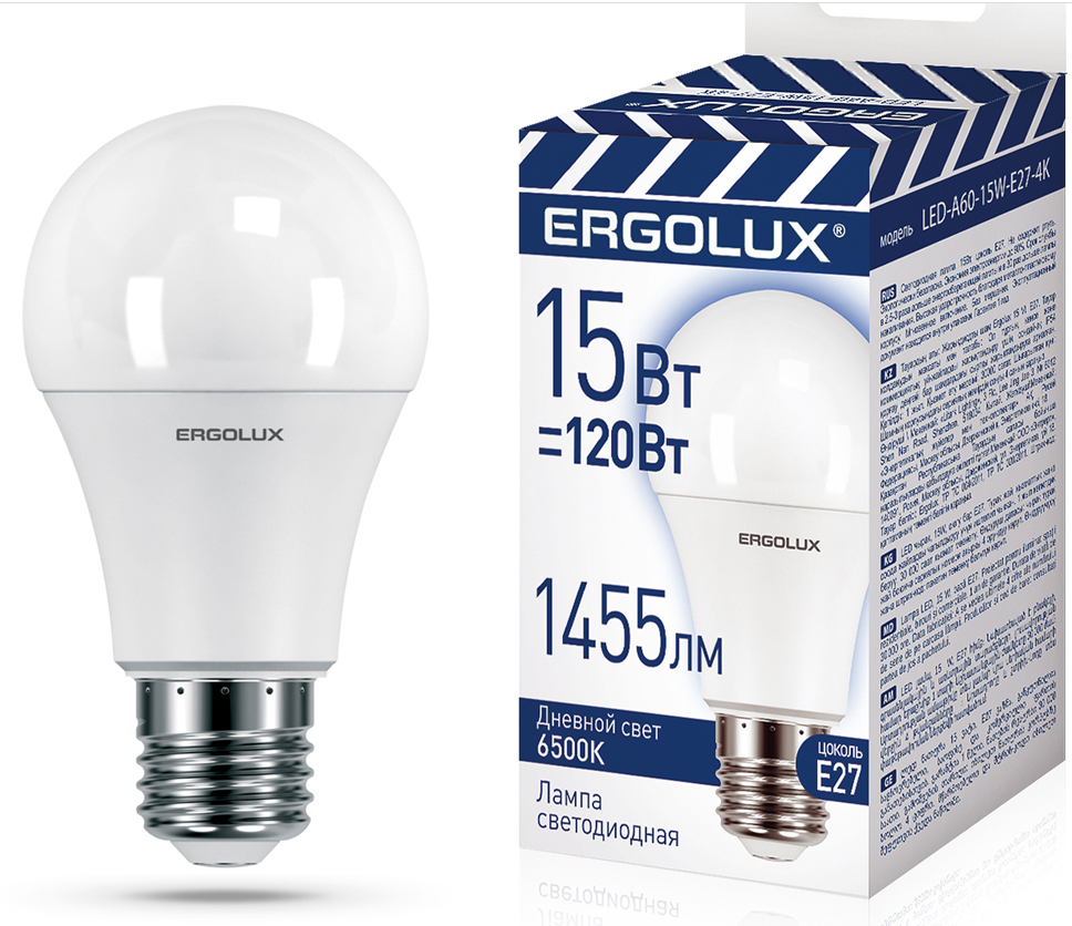 Лампа Ergolux LED ЛОН 15Вт Е27 6500К колба А60 (1/10/100шт) ПРОМО