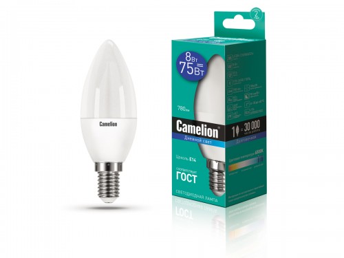Лампа Camelion LED 8Вт Е14 6500К Свеча (1/10/100шт)