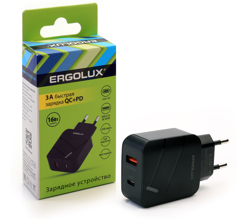 Сетевой адаптер Ergolux 1USB,1TypeC,100-220В,5V/3А (1/10/240шт)