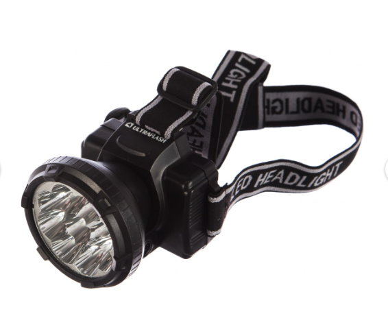 Фонарь налобный Ultraflash 9 LED аккум 220В, черный, 2 реж, пласт. бокс (5363) (1/5/100шт)
