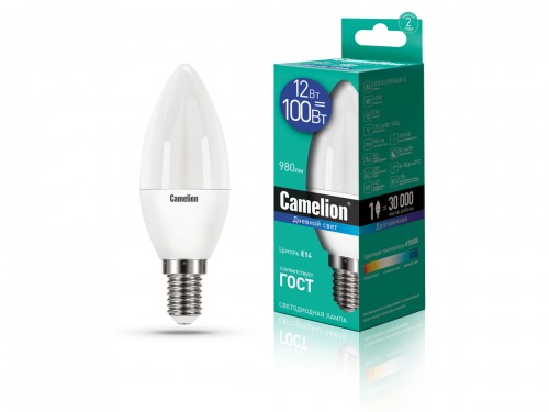 Лампа Camelion LED 12Вт Е14 6500К Свеча (1/10/100шт)